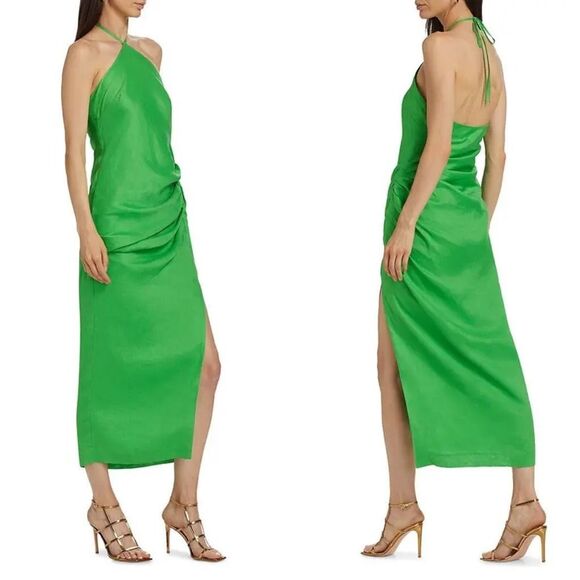NWT Simkhai Hansel Halter Neck Linen Sleeveless Ruched Maxi Dress Parakeet Sz 2 - Picture 2 of 7